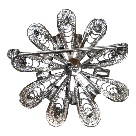 Vintage Sterling Silver Filigree Flower Brooch Intricate Starburst Rhinestone - Picture 2 of 5